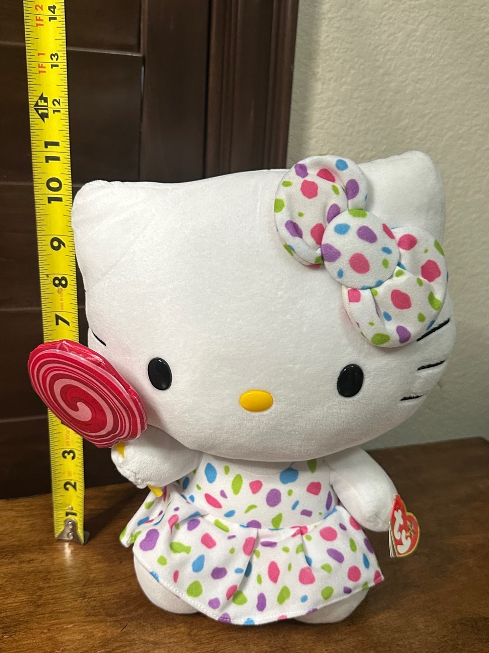 Ty White Hello Kitty Plush with Colorful Polka Dot Dress and Pink-Red Lollipop